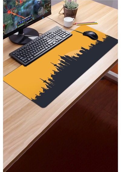 Sonictouch Şehir Silüeti Temalı Sarı Siyah Gamer Oyuncu Dikişsiz Sıvı Geçirmez Klavye Mouse Pad 32x7 Mousepad