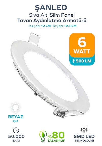 6w Tasarruflu Led Yuvarlak Beyaz Işık Sıva Altı Slim Panel Tavan Aydınlatma Armatürü