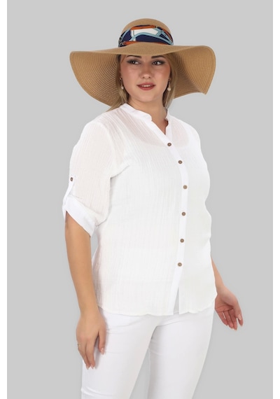 Lady Majestic %100 Cotton Hakim Yaka Büyük Beden Kadın Müslim Kumaş Gömlek Beyaz