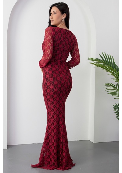 Kalopya Kare Yaka Dantel Balık Elbise Ap-3005 Bordo