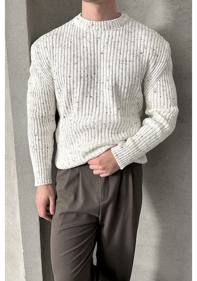 Erkek Fitilli Örme Oversize Kazak Ekru