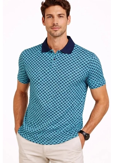 Modi Erkek Pike Kumaş Polo Yaka Desenli Tişört Kısa Kol Yazlık T-shirt - Turkuaz Çok Renkli
