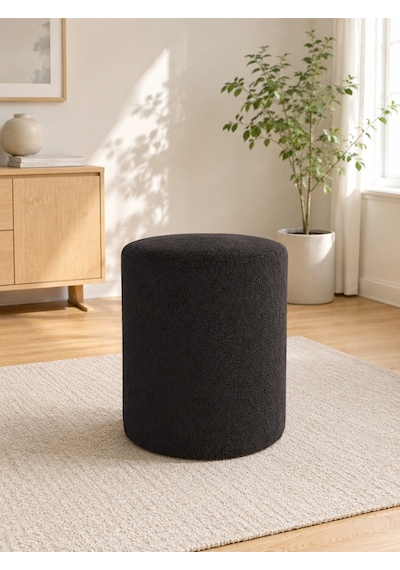 Antrasit Welsoft Kumaş Puf 40x45 Cm Yuvarlak Puf Dekoratif Oturma Pufu Yumuşak Dokulu Modern Puf