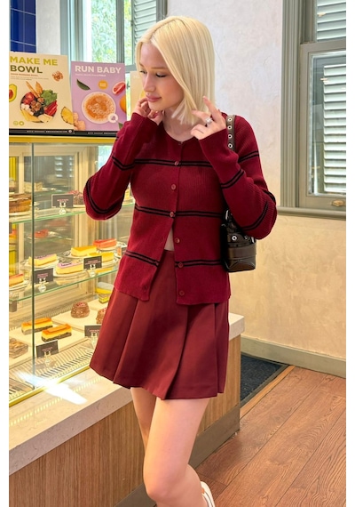 Madmext Bordo Çizgili Kadın Triko Hırka Mg2481 Bordo