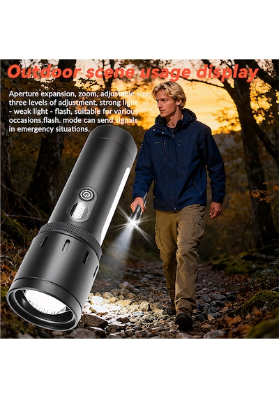 Şarjlı Led El Feneri Kamp Lambası - 5000 Mah Powerbank, Teleskopik Zoom, Acil Durum Sos , Kamp, Av, Balıkçılık Ve Outdoor Kullanım Gri