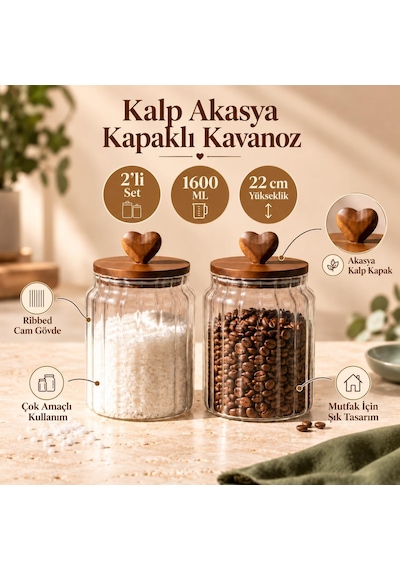 Kalp Akasya Kapaklı Cam Kavanoz Seti 2'li 1600 Ml Kuru Gıda Kabı Çok Renkli