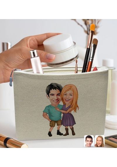 BK Gift Kişiye Özel Sevgililer Karikatürlü Keten Makyaj Çantası,