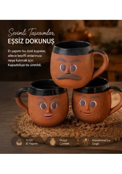 Kapadokya Çömlek Emojili Kahve Aile Kupa Seti 3lü Göl Yeşili