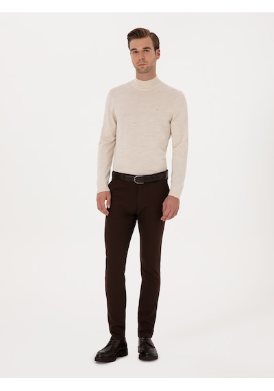 Cacharel Bej Slim Fit Yün Karışımlı Yarım Balıkçı Basic Triko Kazak