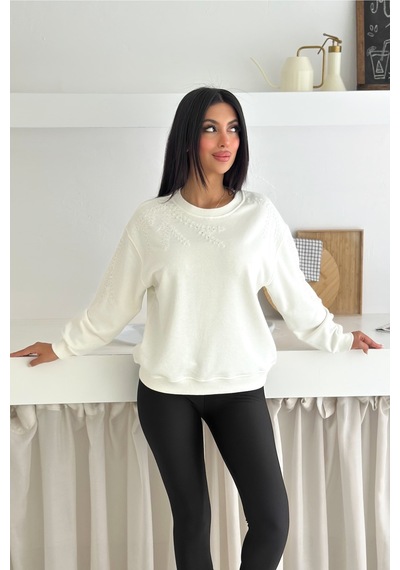Femelle Beyaz Boncuk Ve Pul İşlemeli %100 Pamuk Sweatshirt - Svt14