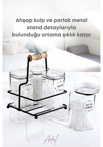 Grimorlife Metal Standlı 4 Lü Akrilik Kulak Pamuğu- Pamuk & Makyaj Pamuğu& Diş Ipi Organizeri- Etiket Hediyeli Siyah