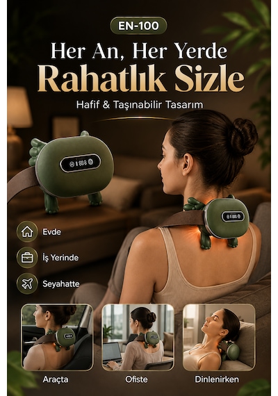 12 Parmaklı Akıllı Boyun Ve Omuz Masaj Aleti Lcd Ekranlı, Isıtmalı, 3 Sensörlü, Kablosuz Şarjlı 2000 Mah Koyu Yeşil