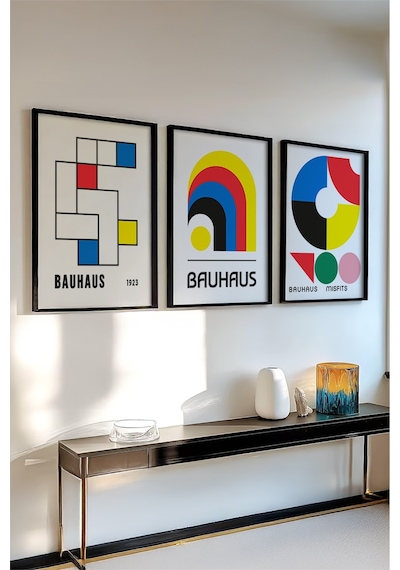 Huhuli Ahşap Siyah Çerçeveli 3'lü Bauhaus Tablo Huhu525