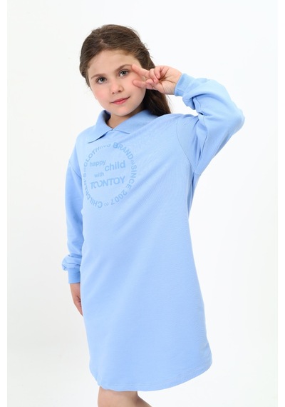 Kız Çocuk Baskılı Oversize Polo Yaka Uzun Kollu Elbise Mavi