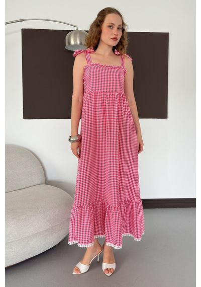 Verymoda Kadın Pötikare Desenli Askı Bağlama Detaylı Maxi Elbise D3108 Pembe