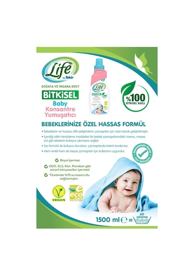 Life by Fakir Bitkisel Bazlı Konsantre Bebek Çamaşır Yumuşatıcısı 60 Yıkama 1500 ML