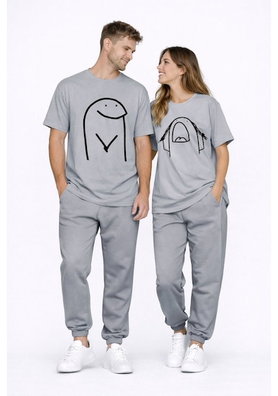 Sevgili Kombini Çift Tişört Oversize Unisex Matching Couple Minim Antrasit