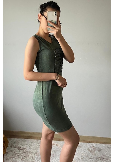 Mia Butik Kadın V Yaka Kare Pul Payetli Haki Elbise-978 Haki