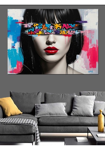 Pop Art Göz Bantlı Kırmızı Rujlu Siyah Beyaz Kadın Yüzü Dekoratif Kanvas - Mdf Ahşap Tablo