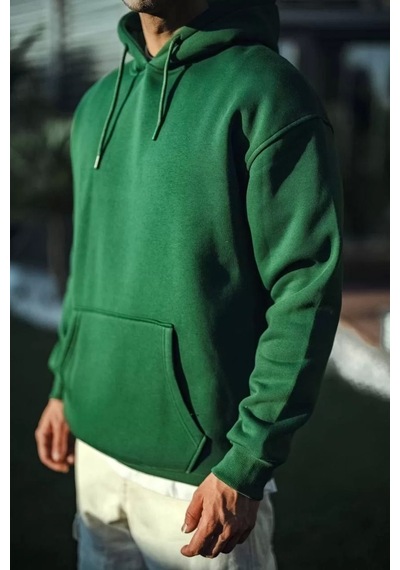 Üç İplik Penye Kapşonlu Basic Sweatshirt - Haki Haki