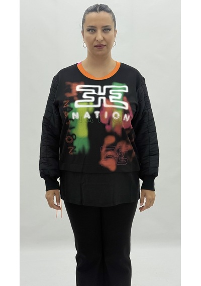 Büyük Beden Grafikli Viskon Uzun Kol Oversize Kadın Sweatshirt Siyah