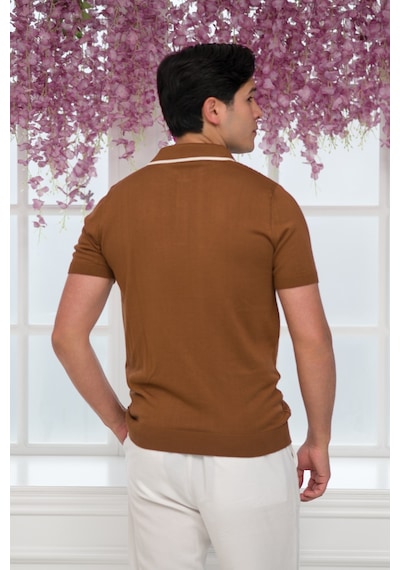 Advante Slimfit Kolları Lastikli Likralı Desenli Polo Yaka Triko T-shirt Taba