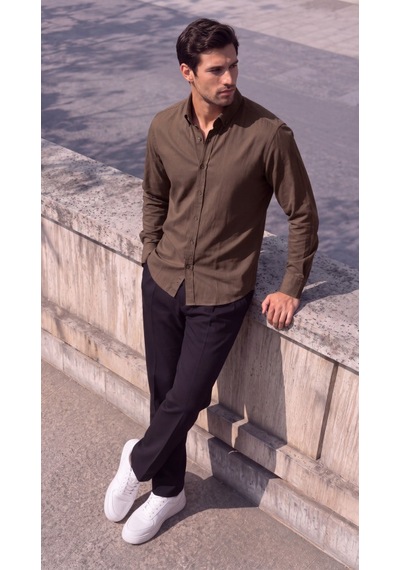 Butik İstanbul Erkek Standart Kesim Gabardin Kumaş Uzun Kollu Gömlek Haki