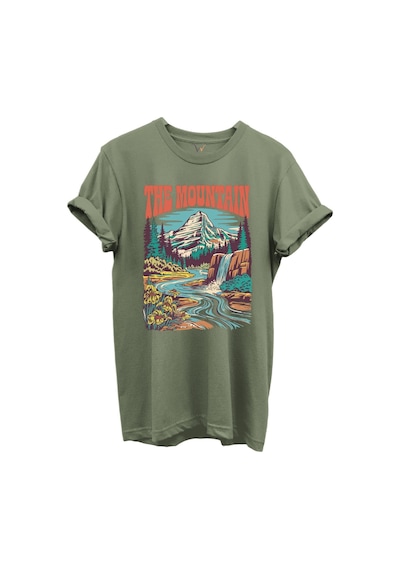 The Mountain Yazılı Dağ Manzarası Ve Şelale Baskılı %100 Pamuk Regular Fit Unisex T-shirt Haki