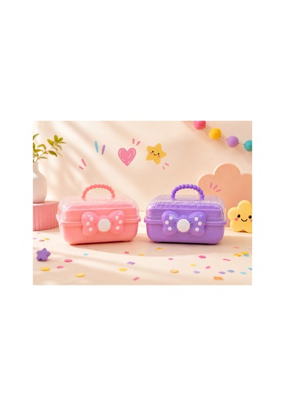 Çocuk Takı Ve Toka Organizeri Otomatik Açılır Katlı Düzenleyici Kutu 27x15x15 Cm Pembe Taşınabilir Çok Bölmeli Saklama Çantası-benekli Mor