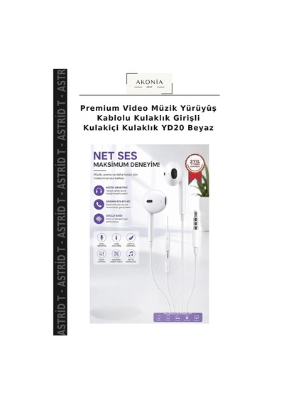 Premium Video Müzik Yürüyüş Kablolu Kulaklık Girişli Kulakiçi Kulaklık Yd20 Beyaz