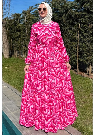 Rabia Şamlı Su Desenli Elbise Pembe Normal