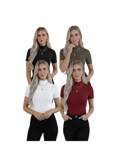 Hashtag Kadın Balıkçı Yaka Yarım Kol Body 4'lü Set Viskon Kumaş Beyaz, Siyah, Vişne Çürüğü, Haki Yeşili