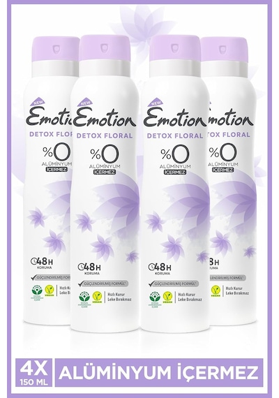 Detox Floral Kadın Alüminyumsuz Vegan Deodorant, 4x150 Ml, Hızlı Kurur, Leke Bırakmaz