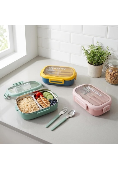 Deconox Paslanmaz Çelik Yemek Kabı 800 Ml, 2 Bölmeli Lunch Box, Çatal Kaşık Dahil, Kilitli Kapaklı Saklama Ve Taşıma Kabı, 21x15x6,6 Cm, Pembe/mavi/yeşil Çok Renkli