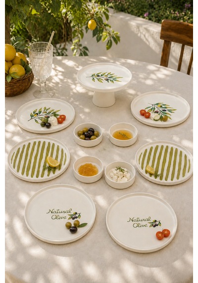 Oliva 11 Parça 6 Kişilik Stackable Seramik Kahvaltı Ve Servis Takımı Zeytin Desenli Beyaz