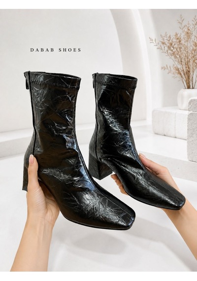 Dabab Shoes Janıce Kadın Siyah Küt Kare Burun Kırışık Desenli Rugan Streç Arkadan Fermuarlı 6 Cm Kalın Topuklu Bot Bootie