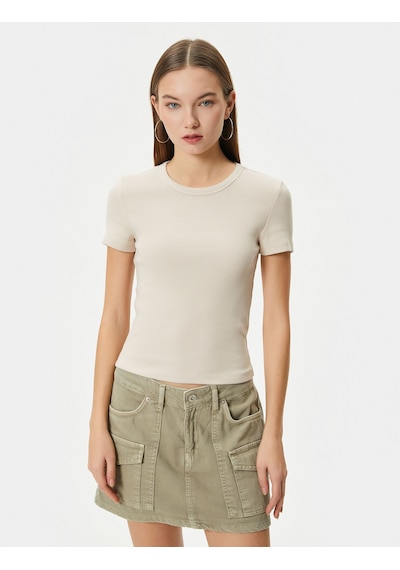 Koton Basic Tişört Slim Fit Ribanalı Kısa Kollu Bisiklet Yaka Pamuklu Bej 4sal10289ık Ekru