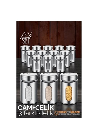 Zenvac Cam+çelik Tuzluk Biberlik Karabiberlik 3 Farklı Delikli 12 Li Set 721946 Zenvac29 Renkli