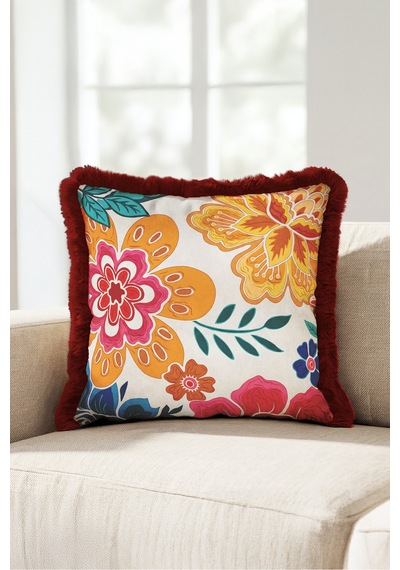 Boho Çiçek Motifli Saçaklı Yastık Kılıfı-tropik Botanik Retro Turuncu Bordo Püsküllü Kırlent Kılıfı Haki