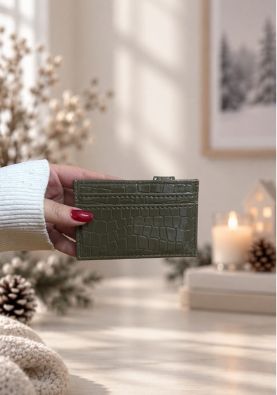 Elpida Bags Kadın Parlak Kroko Dokulu Çıtçıtlı Kartlık Açık Haki