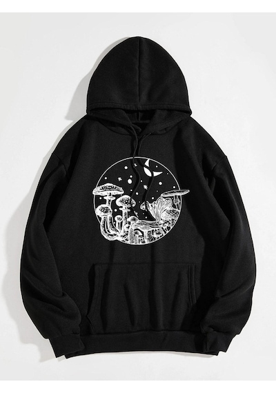 Mushroom Night Sweatshirt - Siyah Baskılı Oversize Kapüşonlu Siyah