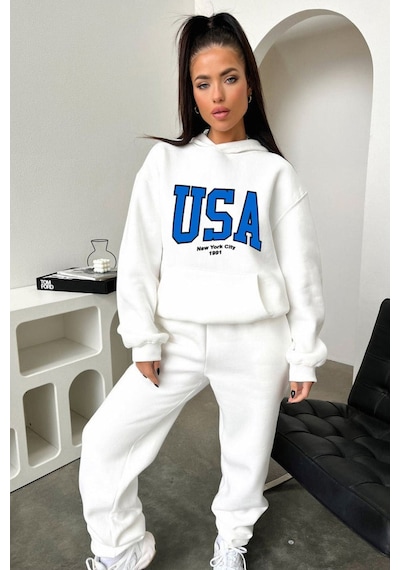 Eşofman Takımı Sweatshirt Jogger - Beyaz Baskılı Oversize Şardonlu Kapüşonlu Beyaz