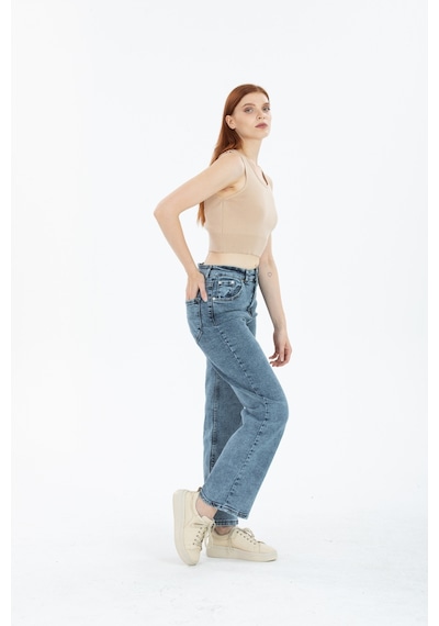 Gri Likralı Süper Yüksek Bel Wide Leg Salaş Jeans Palazzo Pantolon