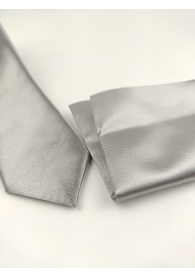 Demfashion Saten Parlak Slim Kravat Mendil Seti Gümüş Gri Gümüş