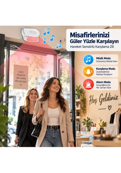 Hareket Sensörlü Kapı Zili Pır Misafir Karşılama Alarmı 32 Melodili Uzaktan Kumandalı