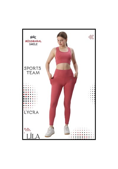 Missmaral Kadın Alt Üst Takım Fitness Pilates Koşu Sporcu Slim Fit Tayt Çift Cep Yüksek Bel Likralı Gül 3065 Gül Kurusu