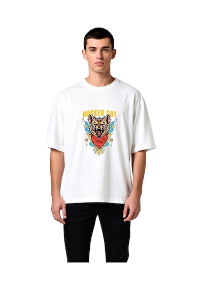 Paybuy Erkek Oversize Müzik Baskılı Tişört Rocker Kedi Grafik Desen Raha Beyaz