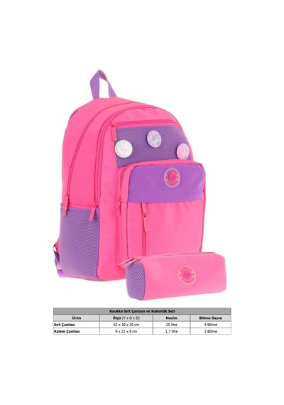 Kauko Holiday Kız Çocuk Rozetli Okul Çantası Ve Kalemlik Seti - Pembe - Altı Bölmeli Pembe