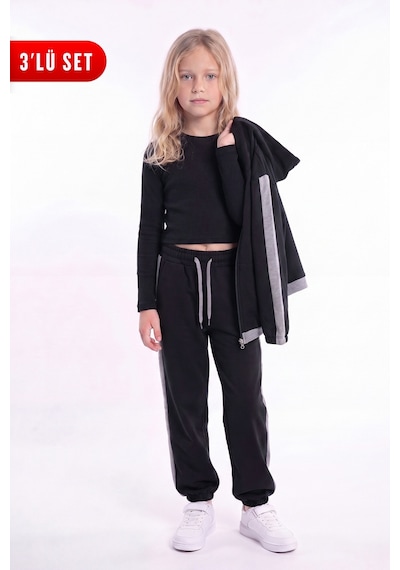 Panios Kids Kız Çocuk Fitilli Crop Ve Şerit Detaylı Eşofman Takımı Seti Siyah