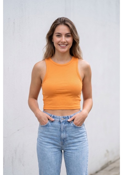 Kadın Turuncu Fitilli Crop Atlet Yüksek Bel Kombin Uyumlu Esnek Vücuda Oturan Yazlık Crop Bluz